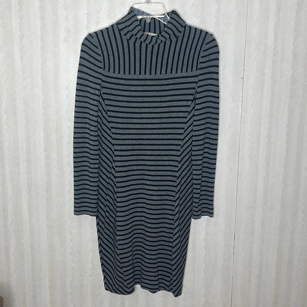 🔥 TORY BURCH Gray Black Stripe Sheath Turtleneck Long Sleeve Dress Size S